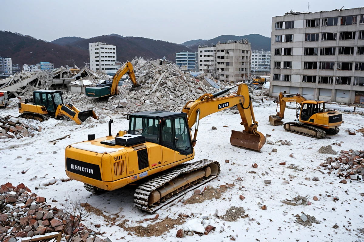 겨울철 포항시 남구의 철거 현장, 눈이 덮인 땅 위에 철거된 건물 잔해가 흩어져 있고, 철거 장비가 준비된 채로 서 있는 모습. 추운 날씨로 인한 작업 지연을 방지하기 위한 철거