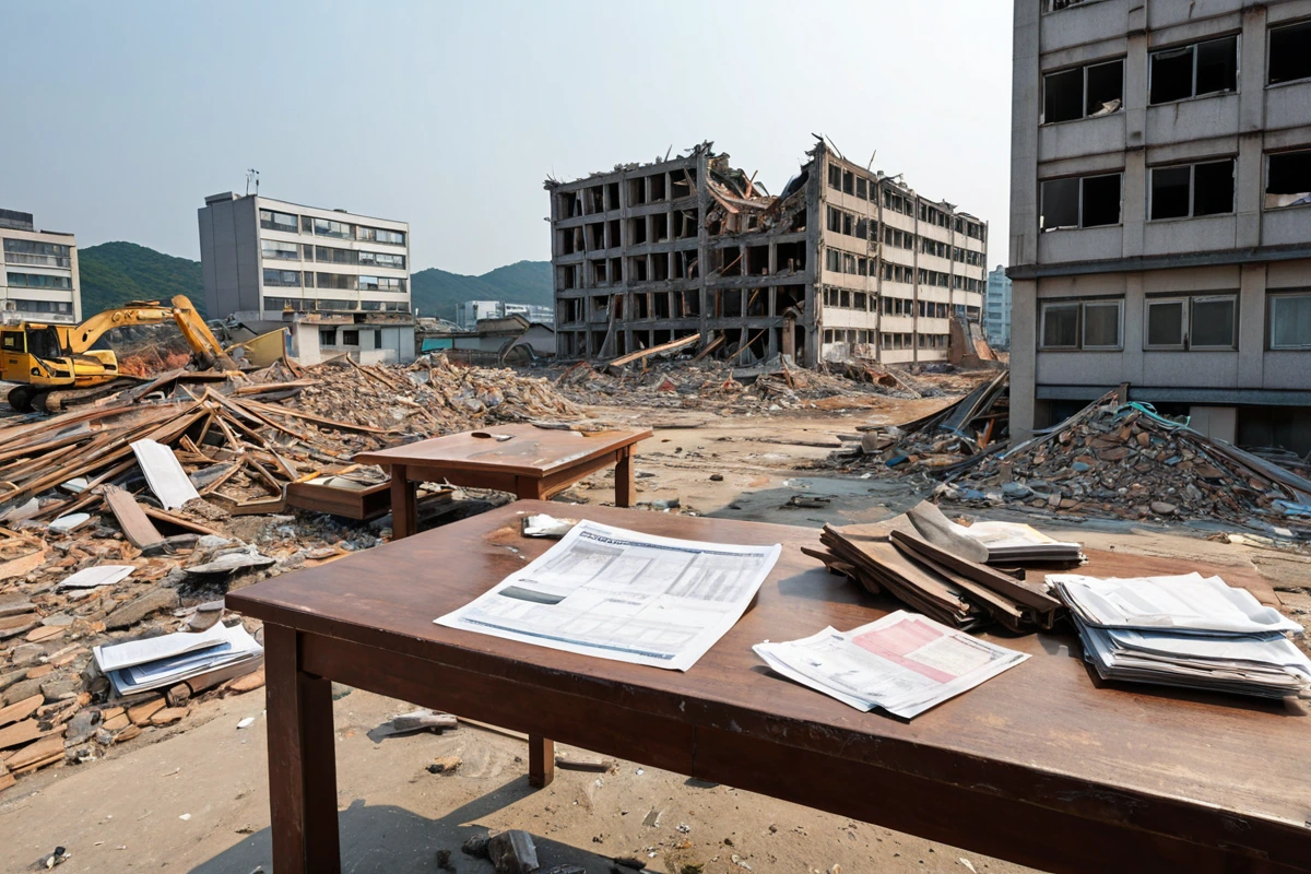경상북도 포항시 상대동 지역의 철거 현장에서 허가 서류를 확인하는 모습을 보여주는 사진. 철거 전 필수적인 허가 절차를 상징하는 문서가 테이블 위에 놓여 있고, 주변에는 철거 준비