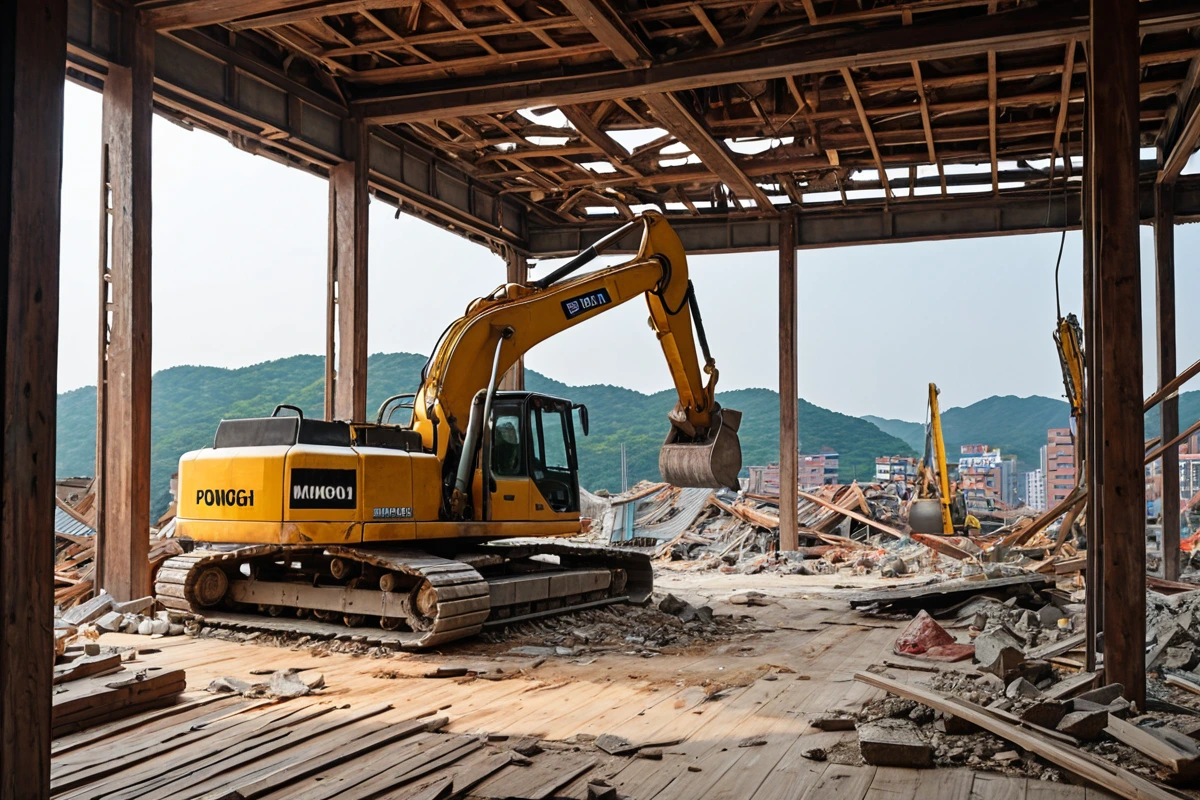 경상북도 포항시 장기면의 주택 현장에서 철거 전 현장 점검을 위한 전문가가 철거 장비를 확인하는 장면. 철거 전 정확한 비용 산정을 위해 현장의 마루 상태와 구조를 분석하는 모습.