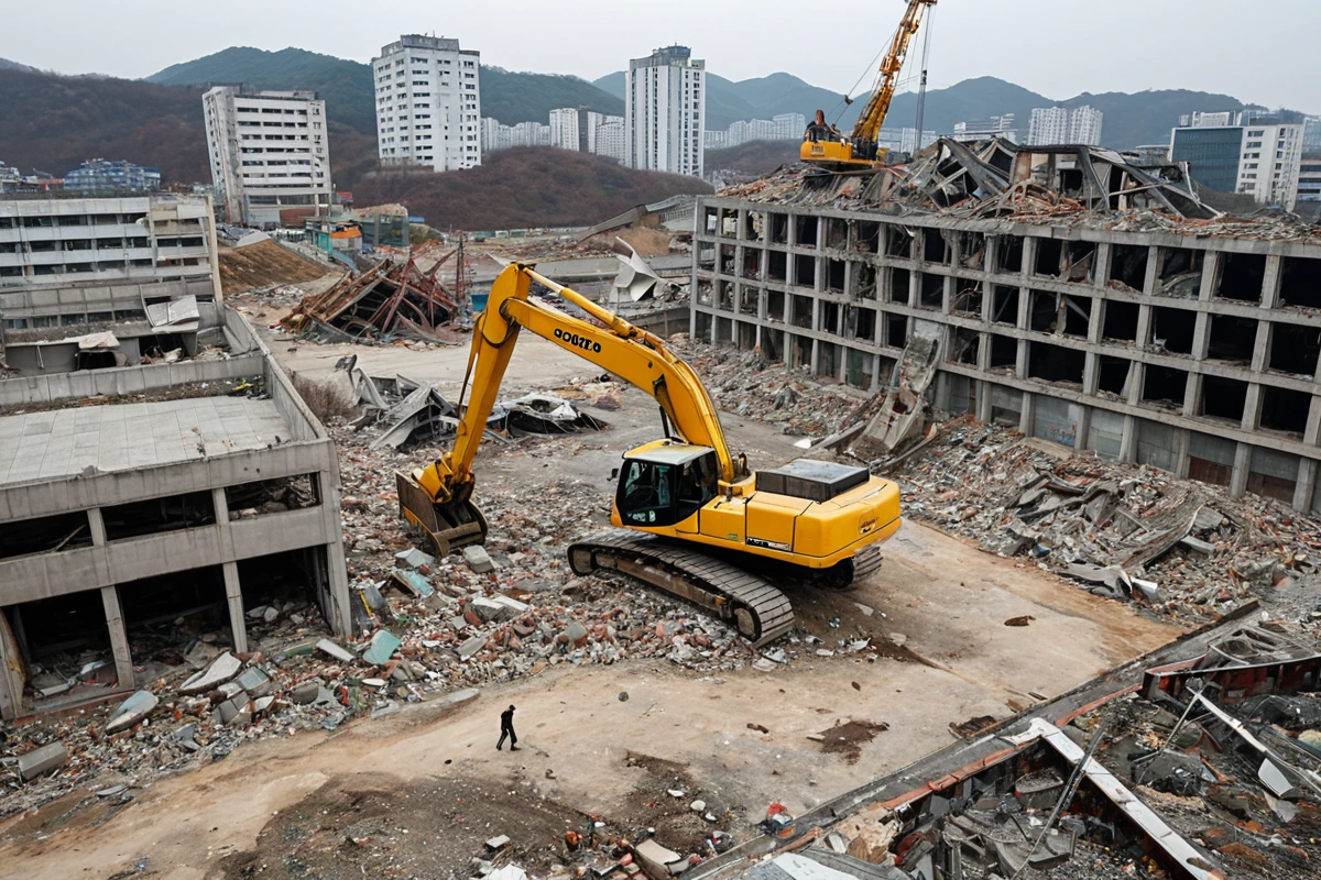 경상북도 포항시 장기면 지역의 철거 현장에서 건물의 크기와 재질에 따라 철거 비용이 결정되는 상황을 보여주는 사진. 건물의 구조와 철거 장비가 자연스럽게 배치된 모습, 철거 중인