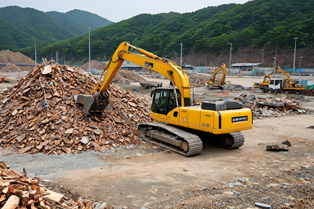 경상북도 포항시 호미곶면의 마루 철거 현장에서 철거 작업 중인 장비와 철거된 마루 재료가 정리된 모습. 철거된 목재와 금속 부위가 분리되어 배치되어 있으며, 철거 현장의 평탄한 지