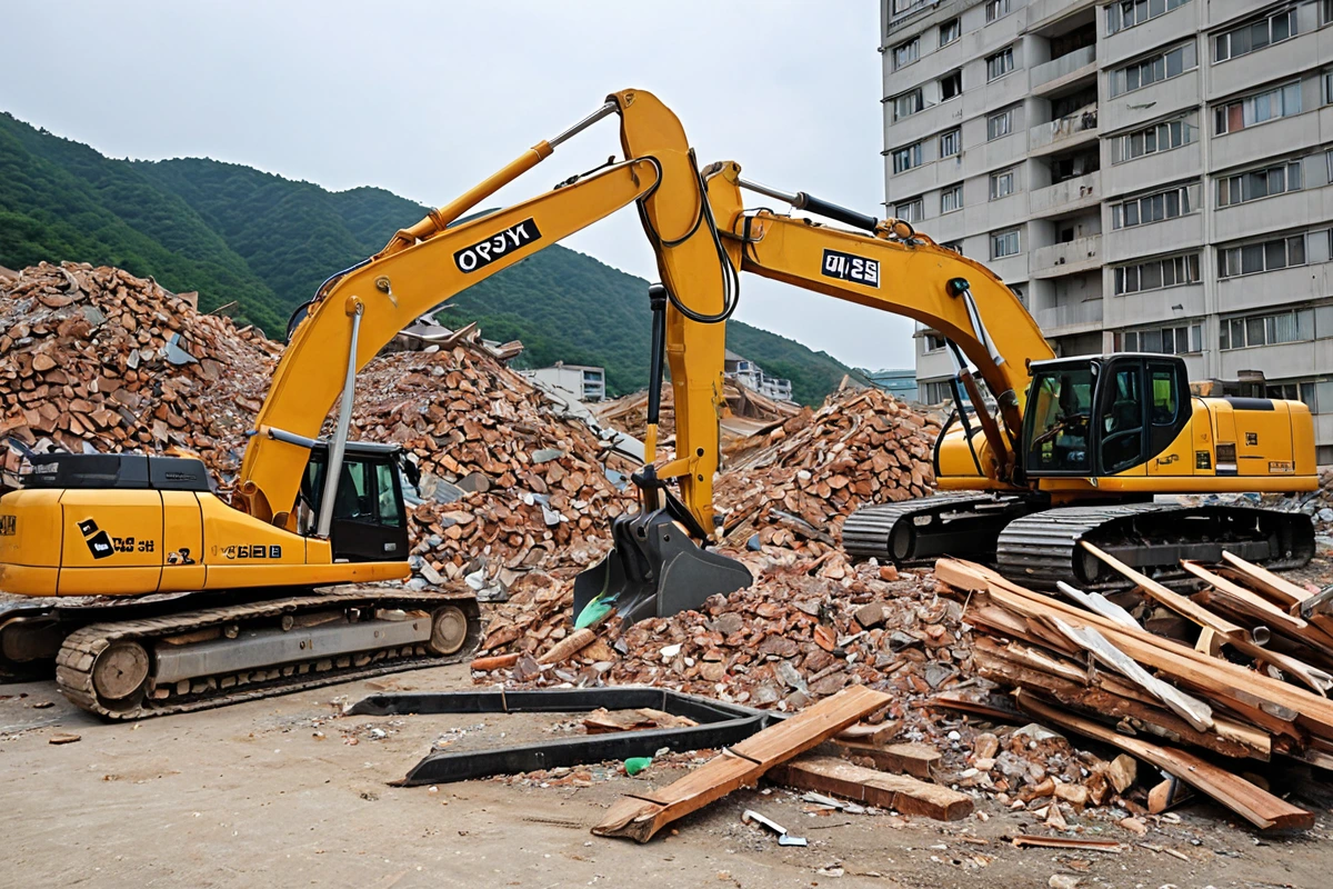 경상북도 포항시 흥해읍의 100평 미만 주택 철거 현장, 건물의 구조와 재료를 확인하는 철거 장비가 준비된 모습, 철거 작업 전 단계에서의 정돈된 공간과 재료 분류 모습