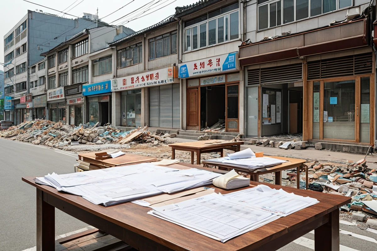 대구 상가 지역의 철거 작업 준비 단계에서 주변 상가와의 협의를 위한 공문서가 테이블 위에 놓인 모습. 상가 간의 소음 규제 관련 안내문이 정리된 테이블과 철거 일정표가 함께 배치