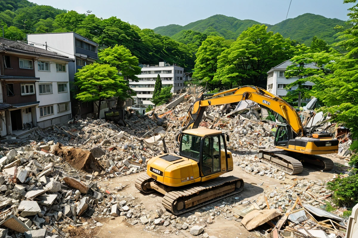 대구 시내 주택가의 봄철 철거 현장, 철거된 건물의 잔해와 철거 장비가 정리된 공간, 푸르른 나무와 봄 햇빛이 비추는 자연스러운 분위기