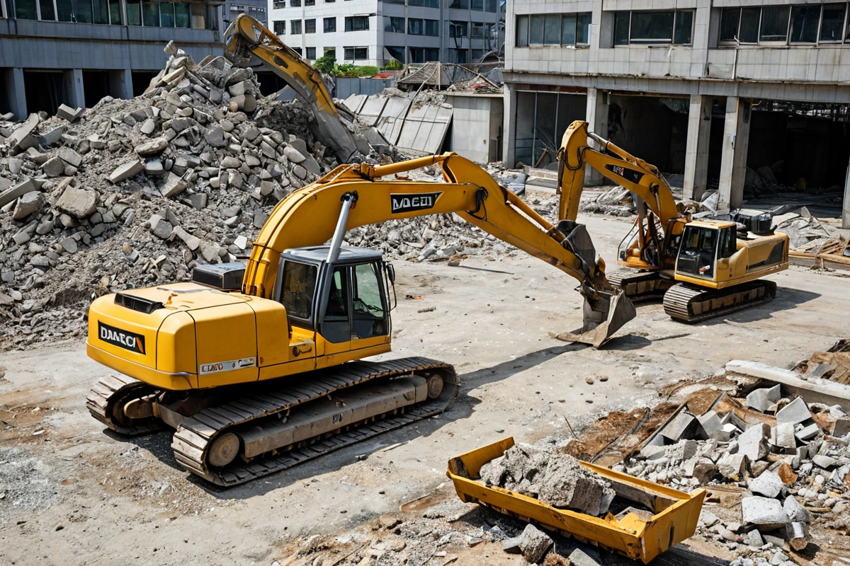 대구 지역의 철거 업체 사무실 외부에서 보이는 철거 장비와 철거 현장의 흔적을 담은 사진. 철거 장비가 철거 작업을 위해 준비되어 있는 모습과 철거 작업의 전문성을 보여주는 현장