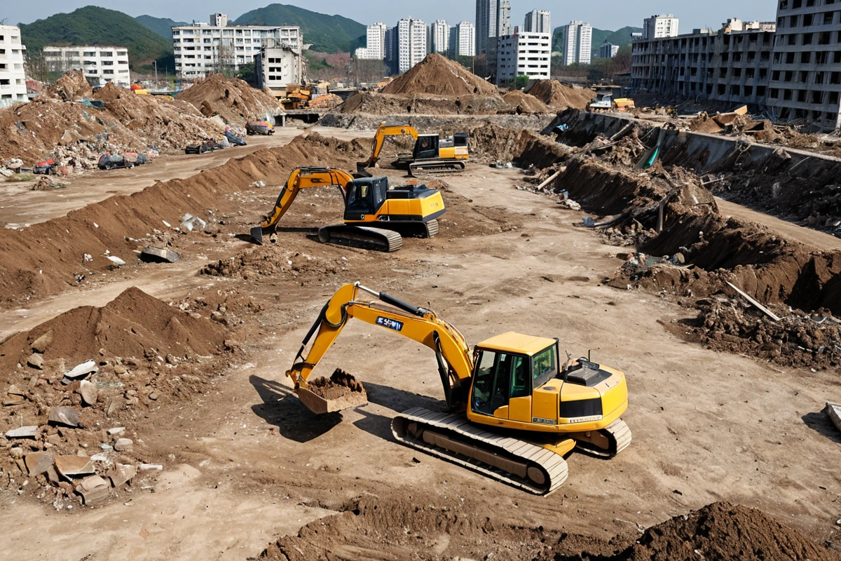 대송면 주택 철거 후 정리된 공간. 철거된 주택 잔해가 청소된 뒤, 평탄해진 땅 위에 철거 장비가 정리되어 있는 모습.