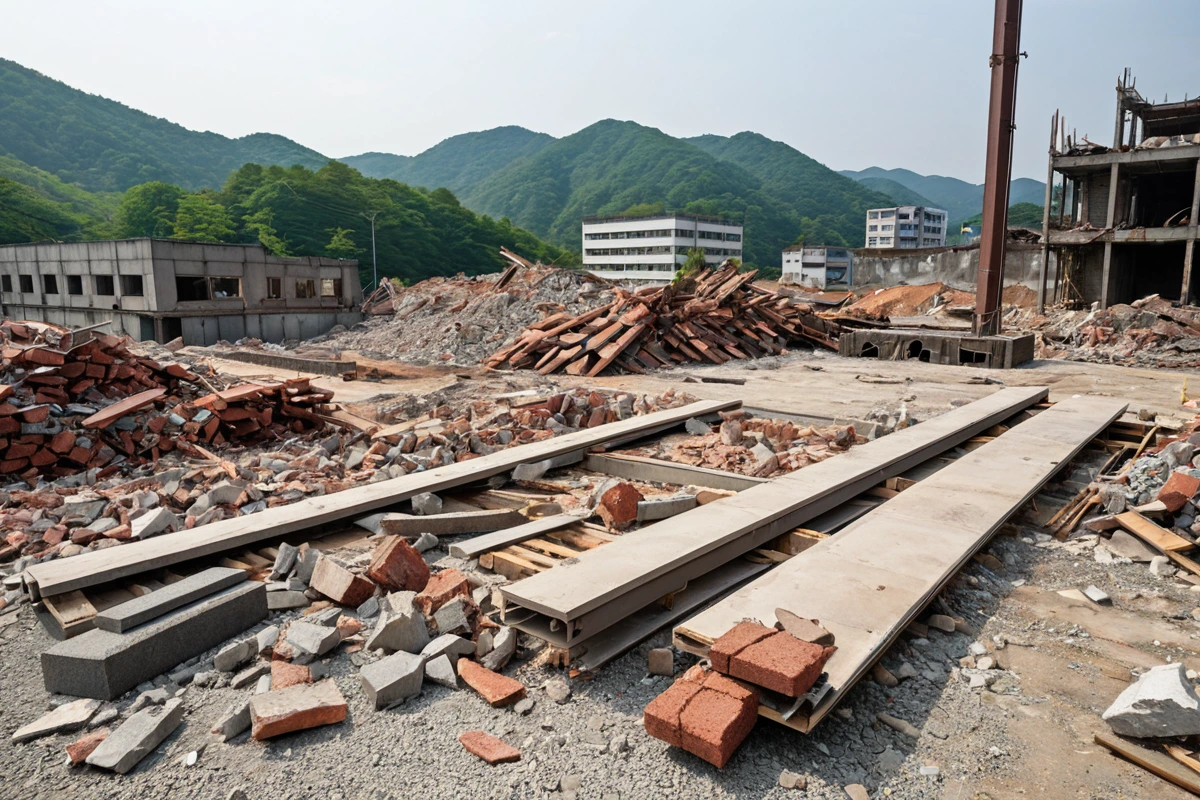 대송면 지역의 철거 현장에서 재사용 가능한 자재를 분류하는 과정. 철거된 건물의 일부 구조물과 재활용 가능한 자재들이 정리된 모습.