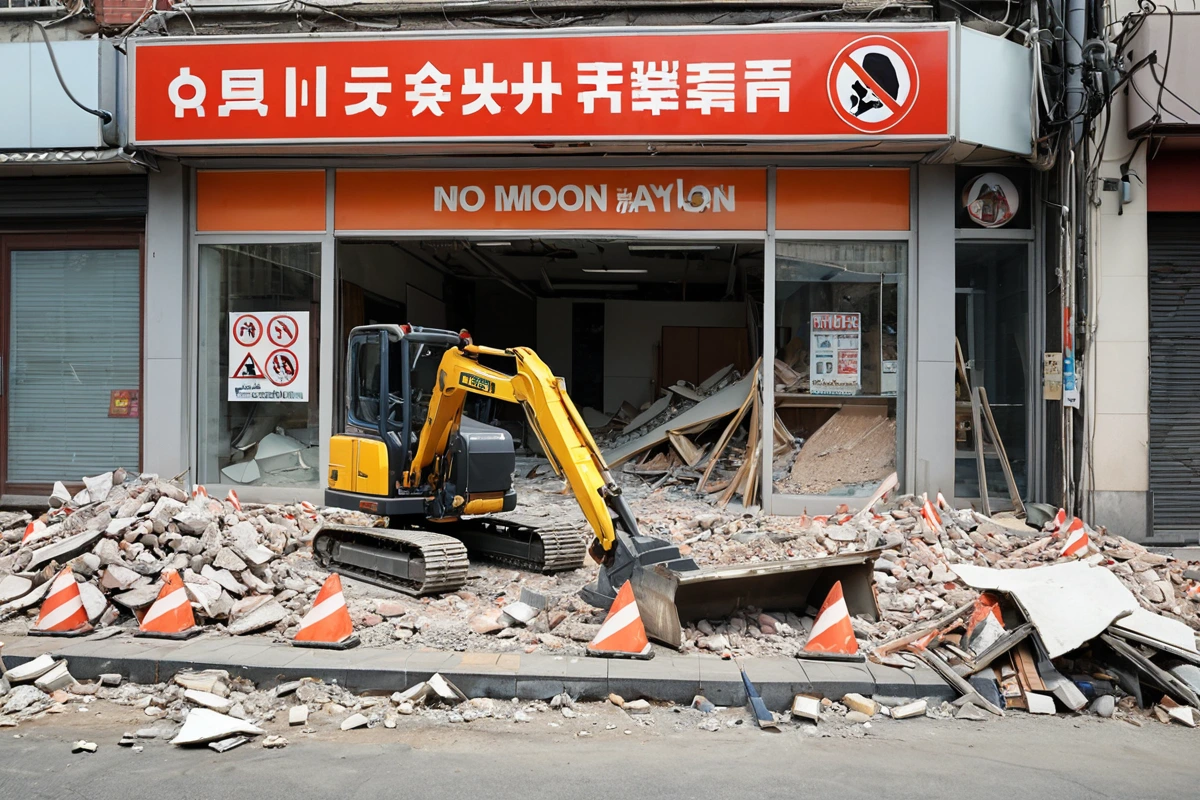 동해면 지역의 점포 철거 현장에서 전문업체의 철거 작업 중인 모습. 철거 장비가 철저하게 정리된 공간과 안전 표지판이 배경에 보이는 사실적인 장면.
