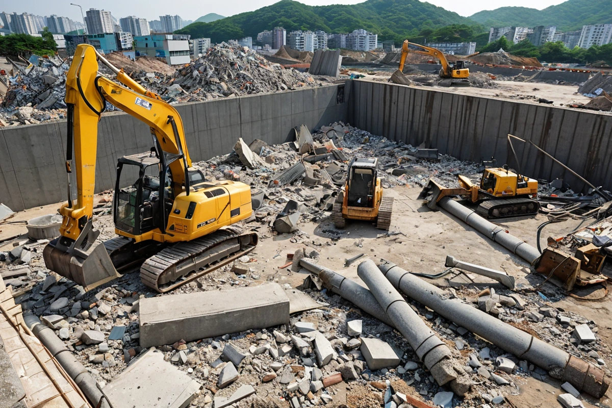 철거 전문 업체의 작업 장비가 정리된 공간, 철거 도구와 재활용 가능한 재료가 함께 배치된 모습, 포항시 흥해읍의 철거 작업 현장에서 사용되는 장비의 사실적인 모습