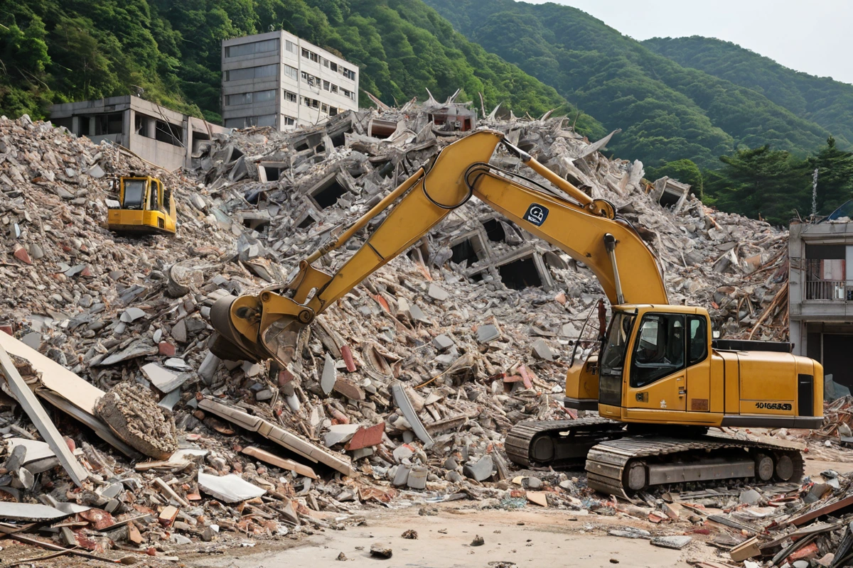 포항 구룡포읍의 주거용 건물 철거 현장에서 철거된 잔해와 철거 장비가 정리된 모습. 100평 규모의 건물 잔해가 철거 장비에 실려 있는 자연스러운 현장 분위기.