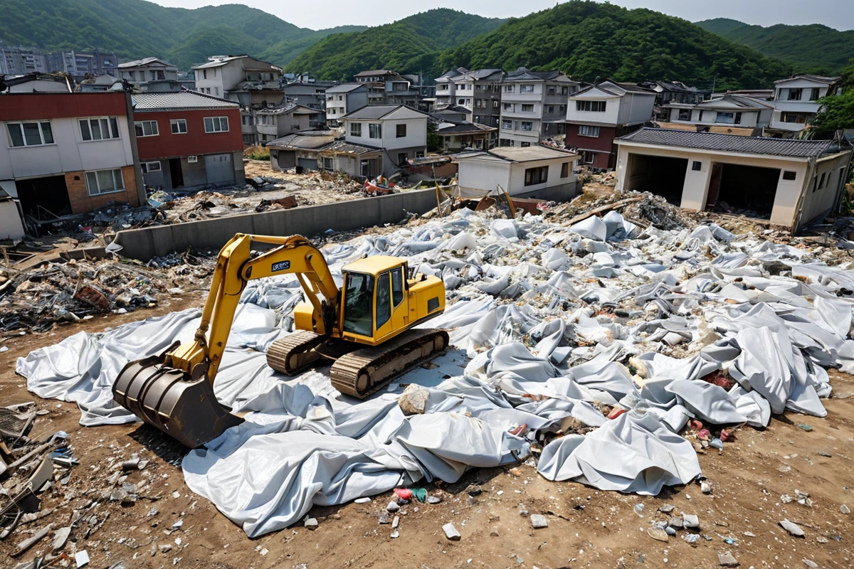 포항시 구룡포읍의 주택 철거 현장에서 철거 장비가 정리된 모습. 철거 대상인 주택의 잔해와 철거 장비가 청소된 채로 배치되어 있으며, 주변에는 폐기물 처리를 위한 빈 덮개가 놓여