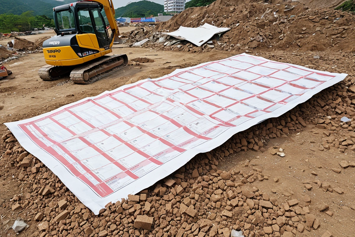 포항시 구룡포읍 주택 철거 현장, 80평 규모의 주택 잔해가 철거된 후 평탄해진 흙바닥과 철거 장비가 정리된 모습, 주변에 철거 비용 계산서가 놓여 있는 자연스러운 현장 분위기