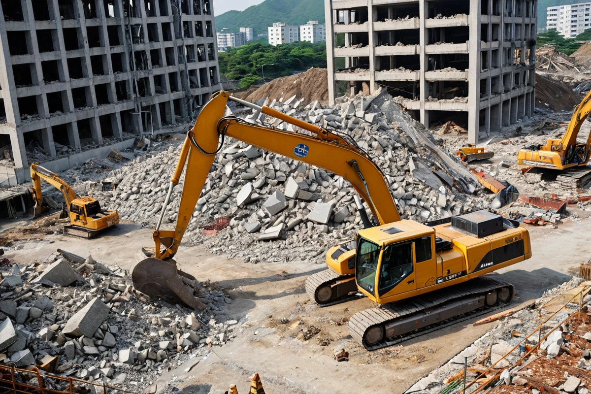 포항시 남구의 주택 철거 현장에서 건물의 크기와 철거 방법에 따라 구분된 비용 구조를 나타내는 시각적 분석도. 큰 규모의 건물 철거 작업 중인 중장비와 철거된 재료가 정리된 공간이