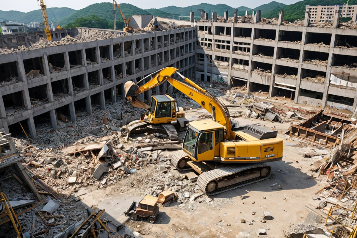 포항시 남구의 중소규모 상가 건물 철거 현장. 철거 작업 중인 중장비가 구조물 일부를 조심스럽게 분리하는 모습. 철거 범위가 조정된 후 남은 구조물이 정리된 공간에서 햇빛이 비추는