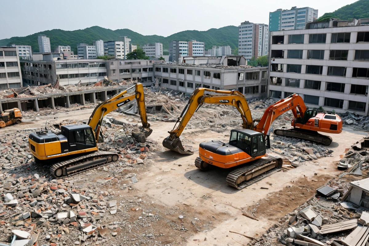 포항시 내부의 철거 중인 이동 학원 건물, 철거 작업 중인 장비가 정리된 공간과 주변 건물이 보이는 현실적인 장면, 100㎡ 규모의 철거 작업 현장에서 안전하게 철거된 후 정리된 
