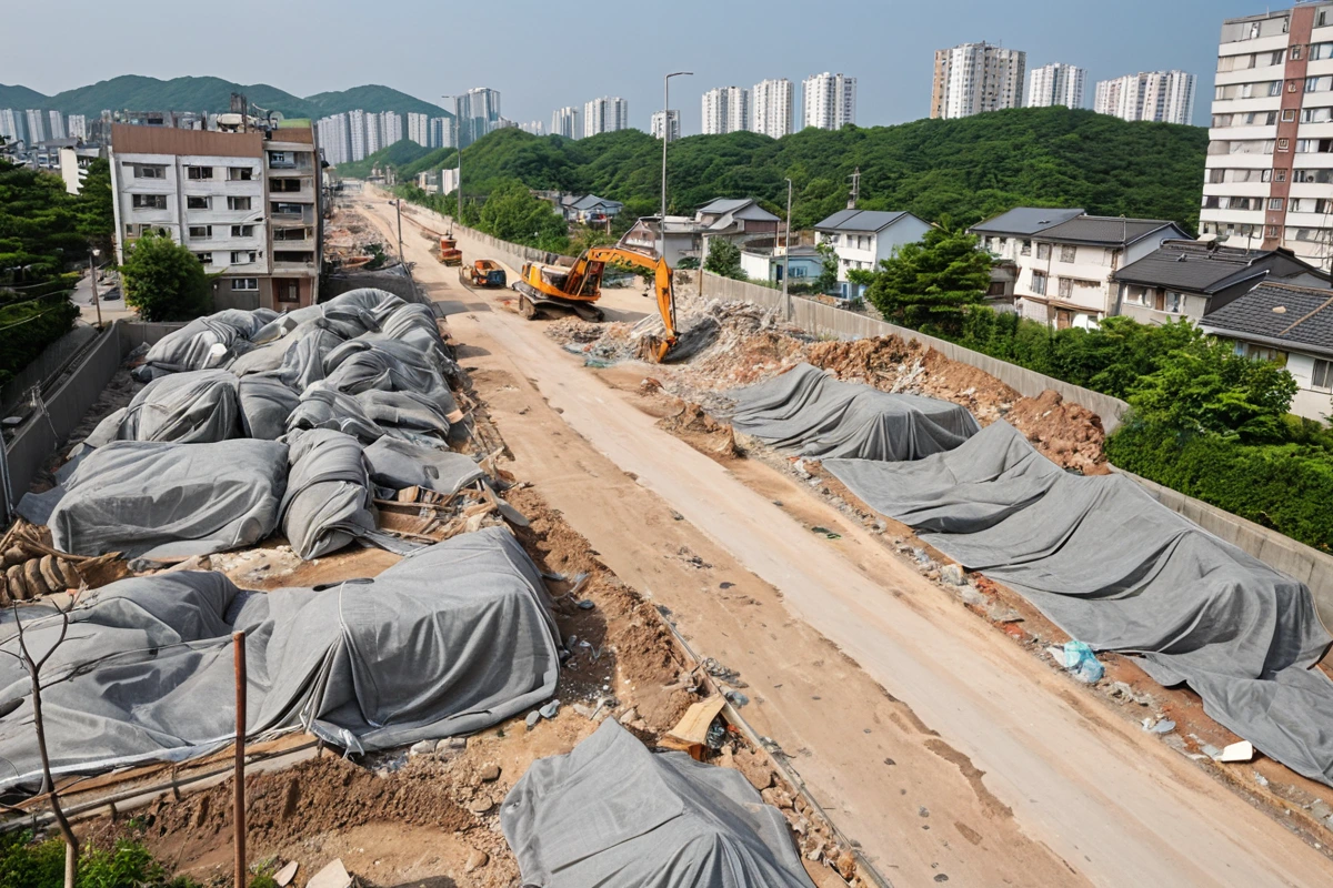 포항시 내 철거 현장 주변의 주택가와 도로, 철거 작업을 방해하지 않도록 설치된 일시적 소음 차단 망원 및 먼지 방지 천막이 보이는 풍경. 주변 주민의 생활을 고려한 철거 작업 현