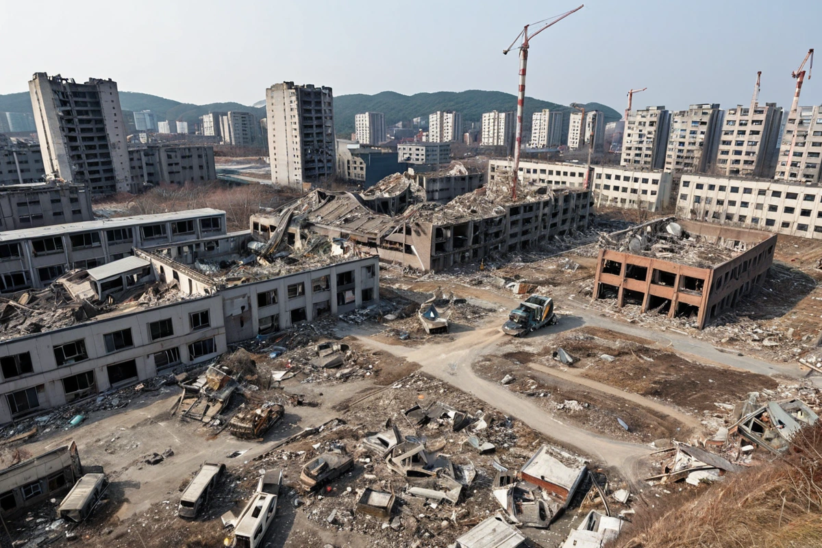 포항시 북구 산업 지역의 철거 현장, 산업 시설의 잔해와 철거 중인 구조물이 보이는 현실적인 장면, 주변에 주거 지역의 건물이 조화롭게 배치되어 있음