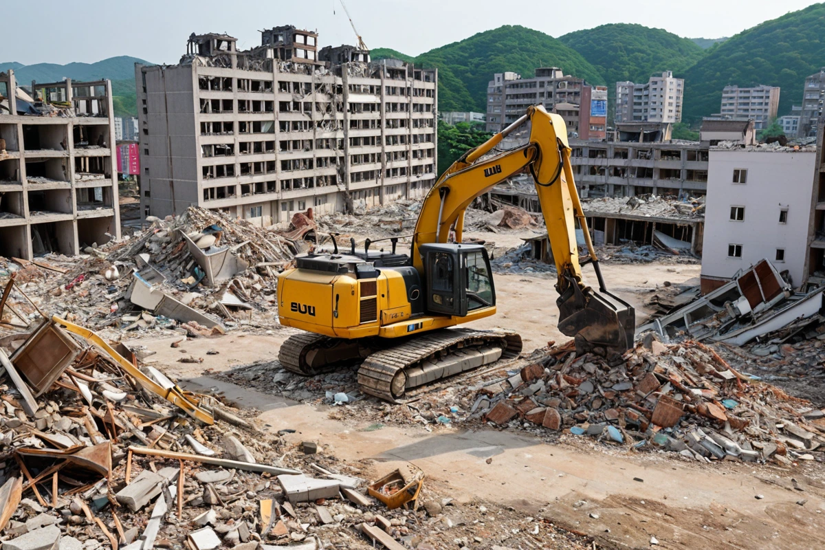 포항시 북구의 한 건물 철거 현장에서 철거 중인 장비가 정리된 모습. 철거된 구조물의 잔해가 깔끔하게 분리되어 있는 모습. 배경으로 포항시 북구의 건물들이 보인다.