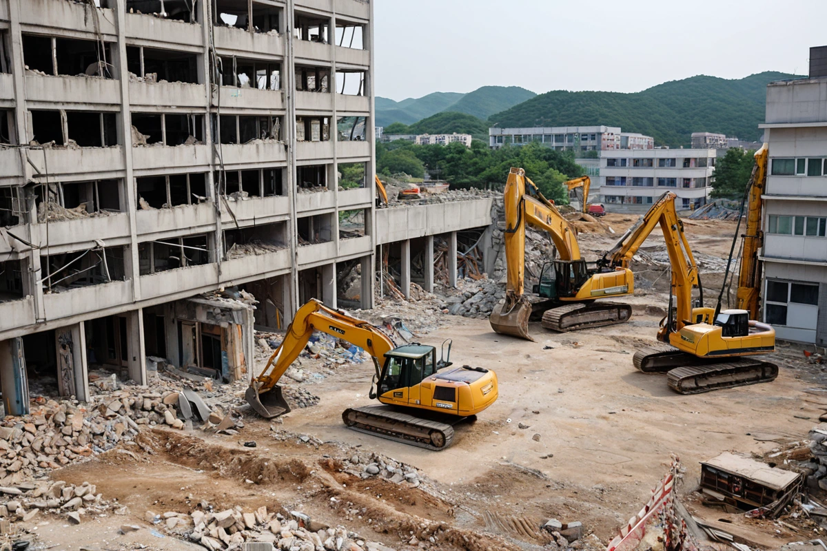 포항시 북구의 한 건물 현장에서 철거 업체의 장비가 준비되어 있는 모습. 건물 외벽에 철거 표시가 되어 있고, 철거 작업을 위한 안전 울타리가 설치되어 있다.