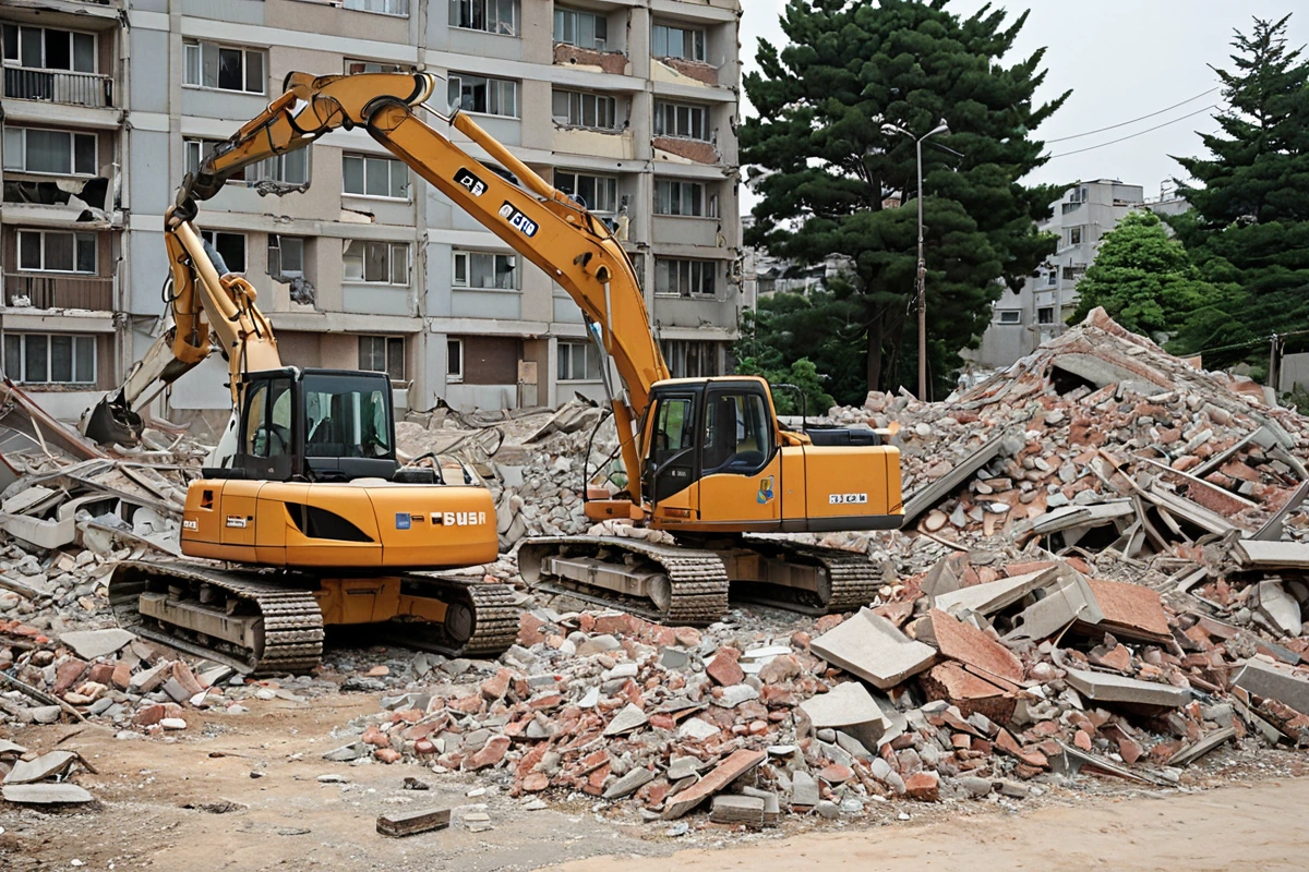 포항시 북구의 한 주택 철거 현장에서 철거 중인 건물의 구조물과 철거 장비가 정리된 모습. 철거된 재료가 옆에 놓여 있고, 철거 작업이 완료된 건물의 흔적이 보이는 평화로운 주택가