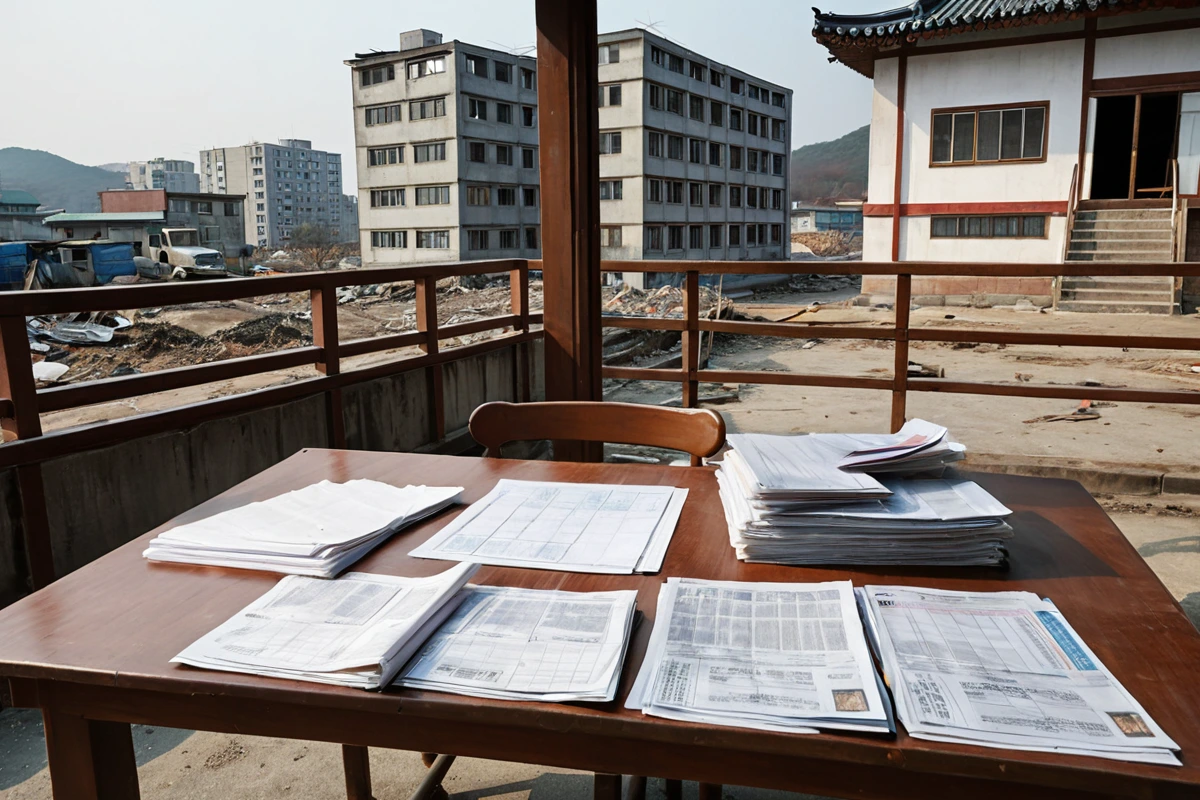 포항시 북구 철거 작업 전 허가 서류가 놓인 테이블 위, 철거 허가증과 관련 문서가 정리되어 있는 사실적인 장면, 배경은 철거 예정 건물의 외관