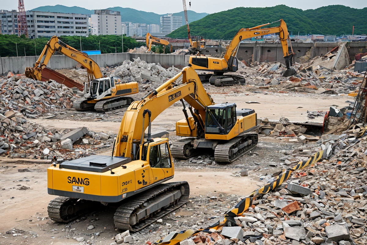 포항시 상대동 지역의 건물 철거 현장에서 전문가가 철거 계획서를 확인하는 모습, 철거 장비와 철거 예정 구역이 명확히 보이는 현장 배경