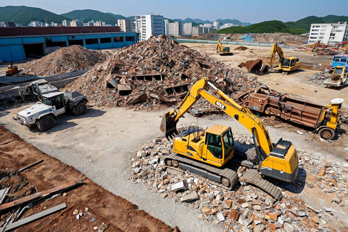 포항시 오천읍의 한 주택 철거 현장, 철거된 건물 잔해와 철거 장비가 정리된 모습, 푸른 하늘과 청정한 공기 속에서 철거 작업의 규모와 철저한 정리 상태가 드러남
