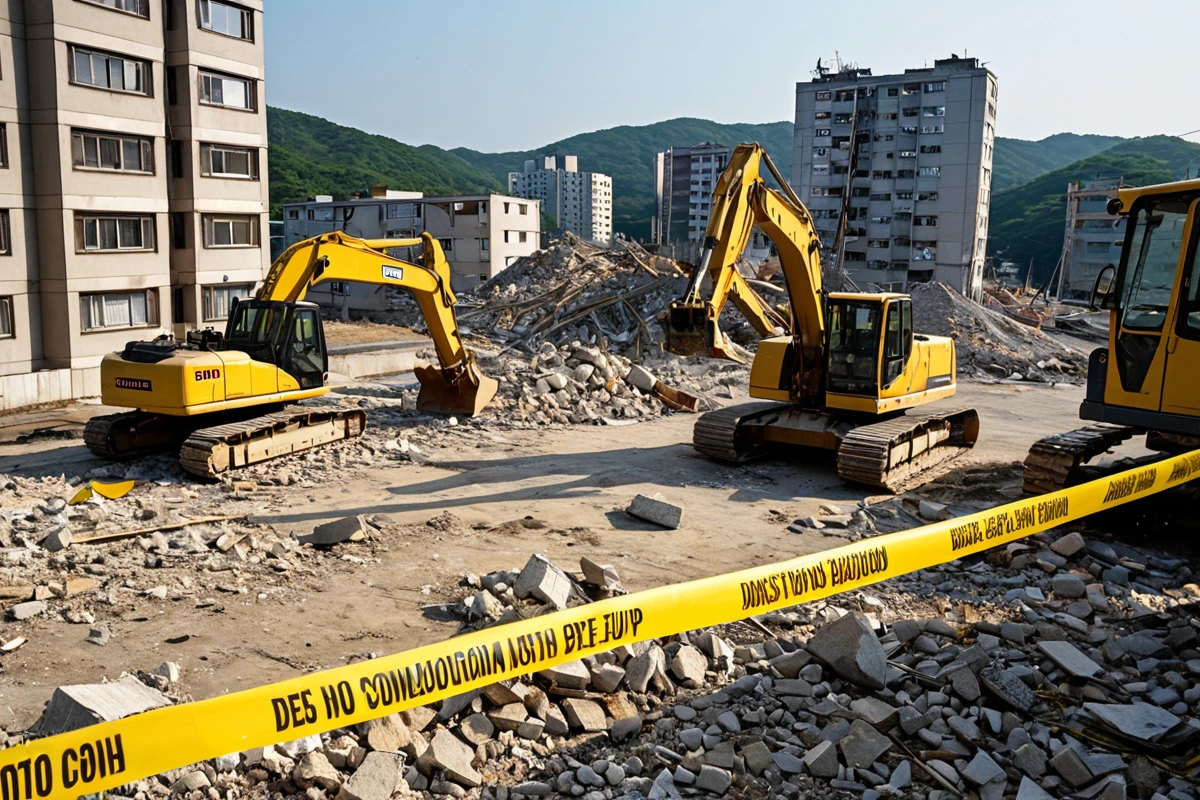 포항시 오천읍 주거 지역에서 철거 작업 중인 장소, 안전 테이프로 구획된 구역, 철거 장비가 안전하게 배치된 모습, 주변 건물과의 거리가 적절한 풍경