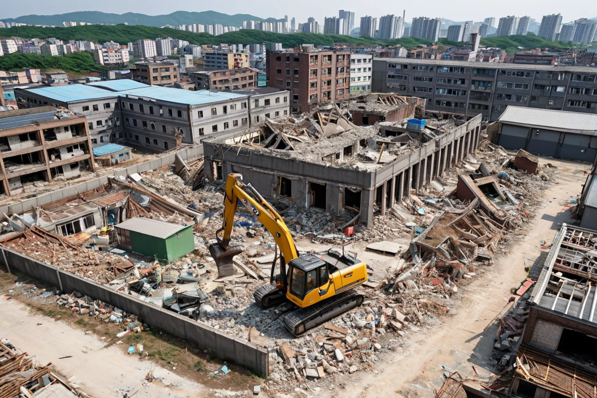 포항시의 단독 주택 철거 현장에서 건물 면적과 구조를 고려해 철거 작업이 진행되고 있는 모습. 건물의 구조와 철거 중인 구조물의 모습이 자연스럽게 드러나며, 주변에 포항시의 산업