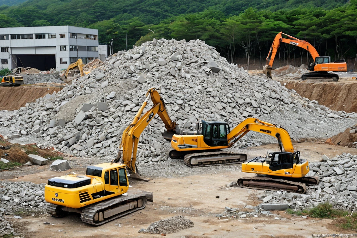 포항시 장기면 상가 건물 철거 현장, 철거된 건물 잔해와 철거 장비가 정리된 공간, 신규 상가 개발을 위한 텅 빈 땅이 보이는 자연스러운 풍경