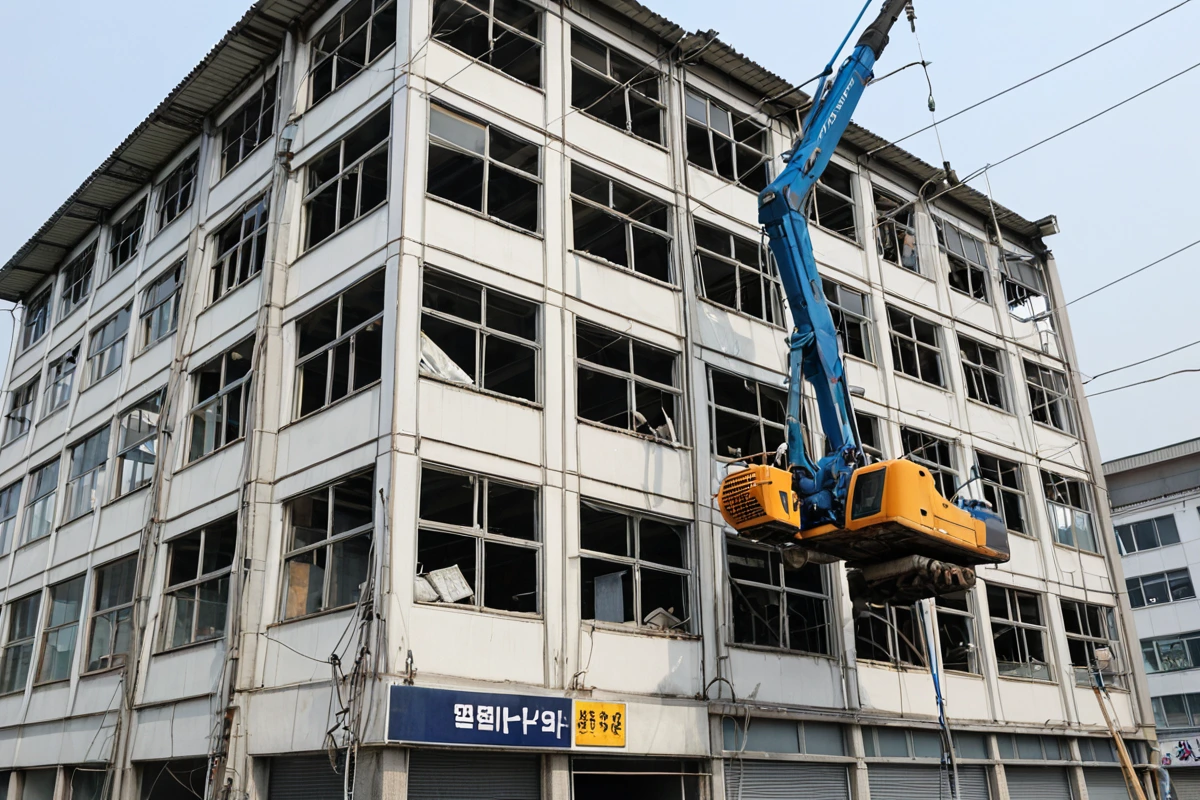 포항시 장기면의 상가 건물 외벽에 설치된 간판 철거 작업 중인 현장. 높은 곳에 설치된 간판을 안전하게 철거하기 위해 특수 장비가 사용되고 있는 모습. 건물 외벽과 철거 장비의 구