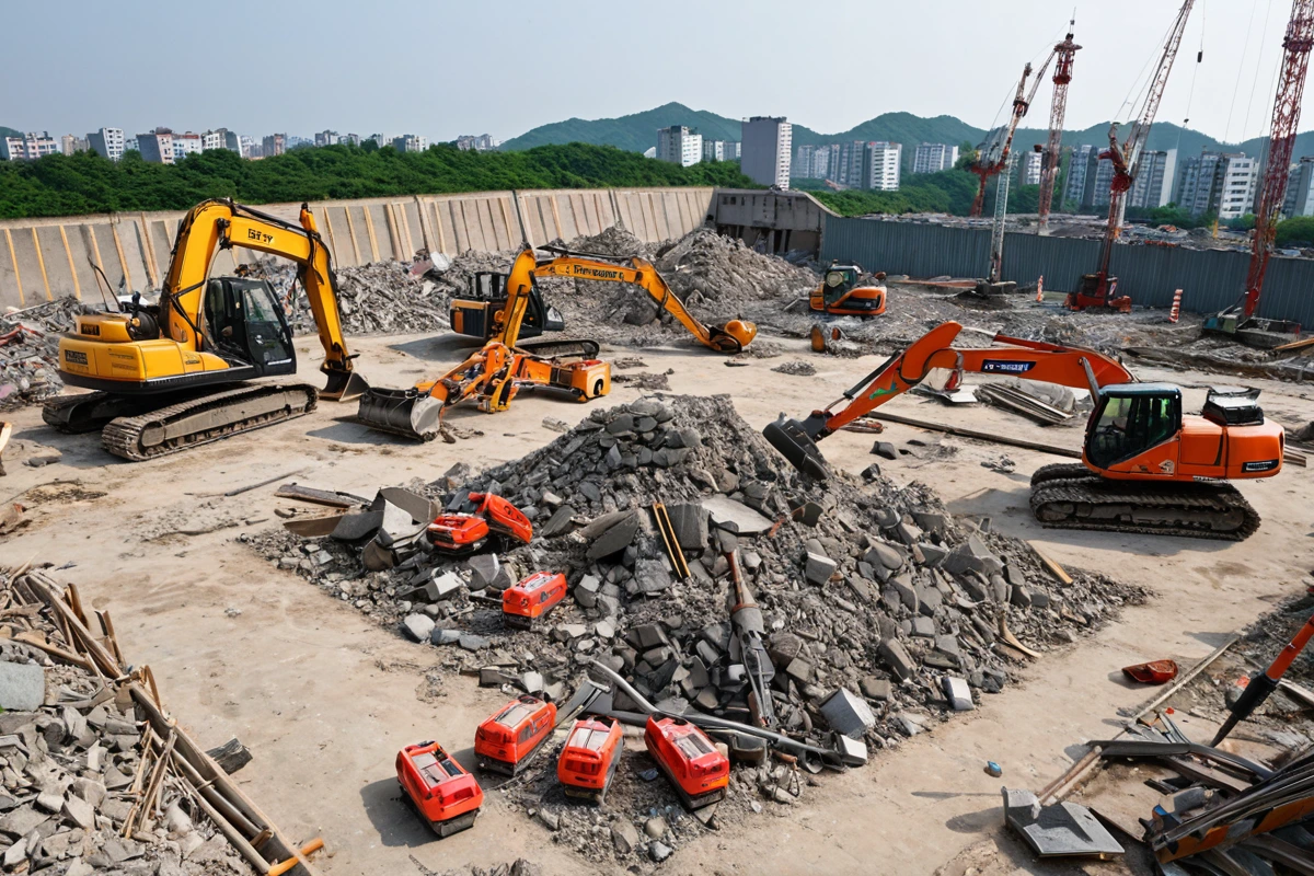 포항시 장기면 주택 철거 현장의 정리된 도구와 장비, 전문가가 사용하는 철거 도구와 안전 장비가 잘 정리된 공간. 철거 작업 전에 철저한 점검을 마친 후의 현장 모습.