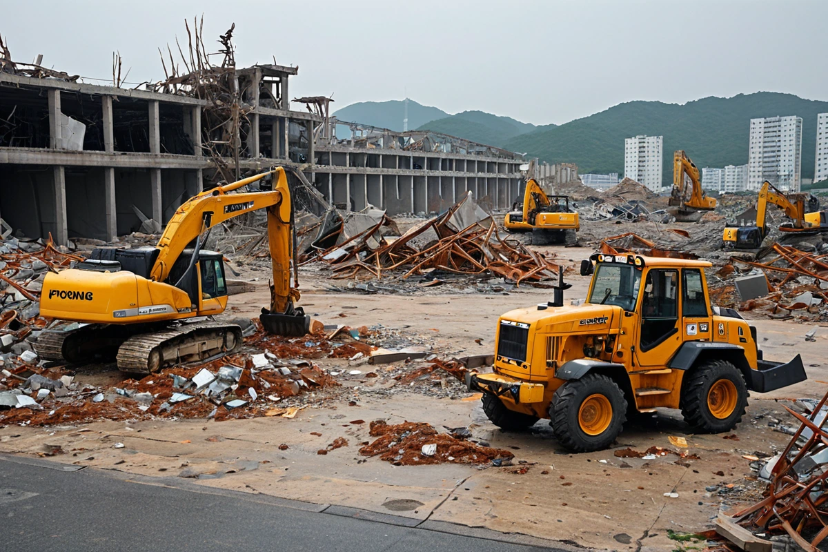 포항시 철거 현장에서 강풍 예보로 일시 중단된 작업 현장. 철거 장비가 정지된 상태로 주변 환경과 기상 조건을 고려한 안전 표지판이 보인다.