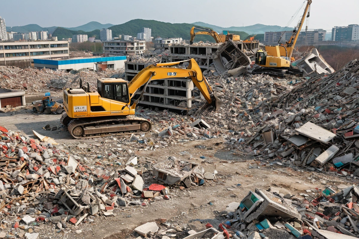 포항시 철거 현장에서 철거 작업 중인 장비들이 정리된 모습. 철거된 건물 잔해와 함께 철거 장비가 철저히 정리된 공간에서 폐기물 처리 과정의 효율성을 보여주는 장면.