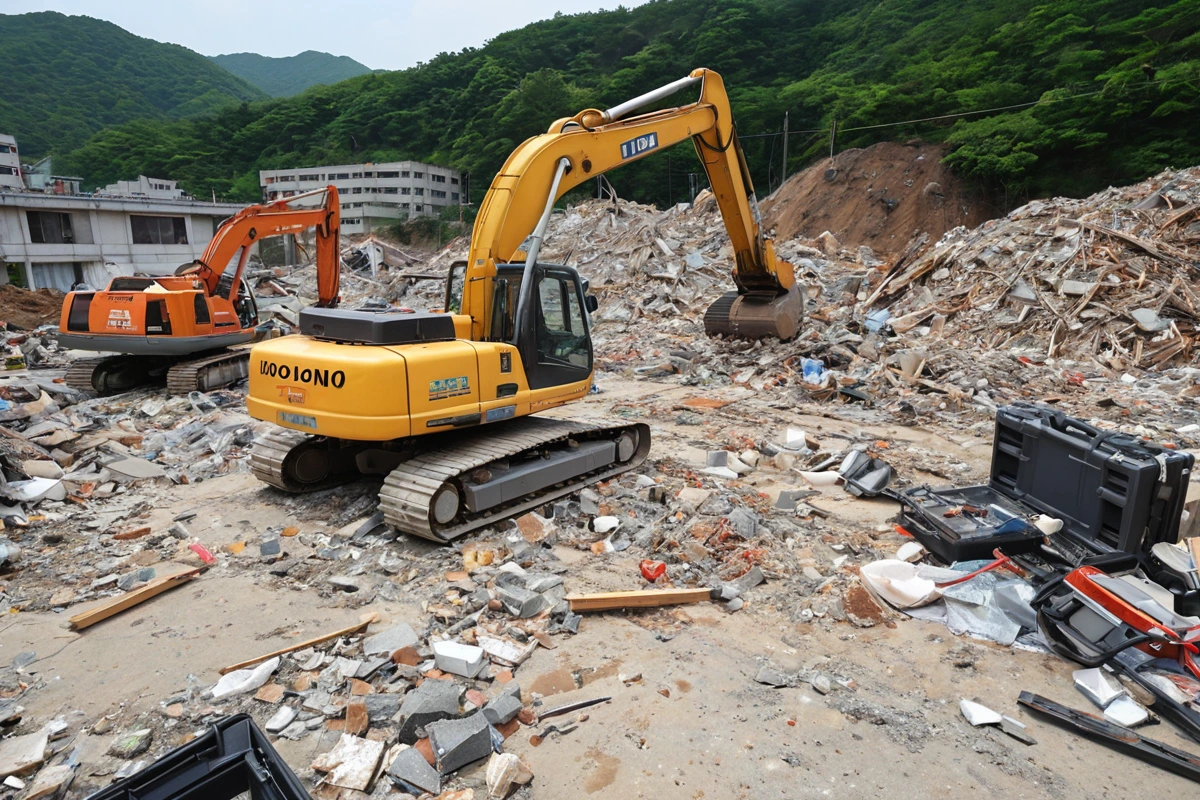포항시 호동 지역의 폐업 철거 현장에서 신뢰할 수 있는 업체가 철거 비용을 정확히 산정하는 과정을 보여주는 장비와 철거된 공간의 정리된 모습, 추가 비용 없이 완료된 작업의 결과물
