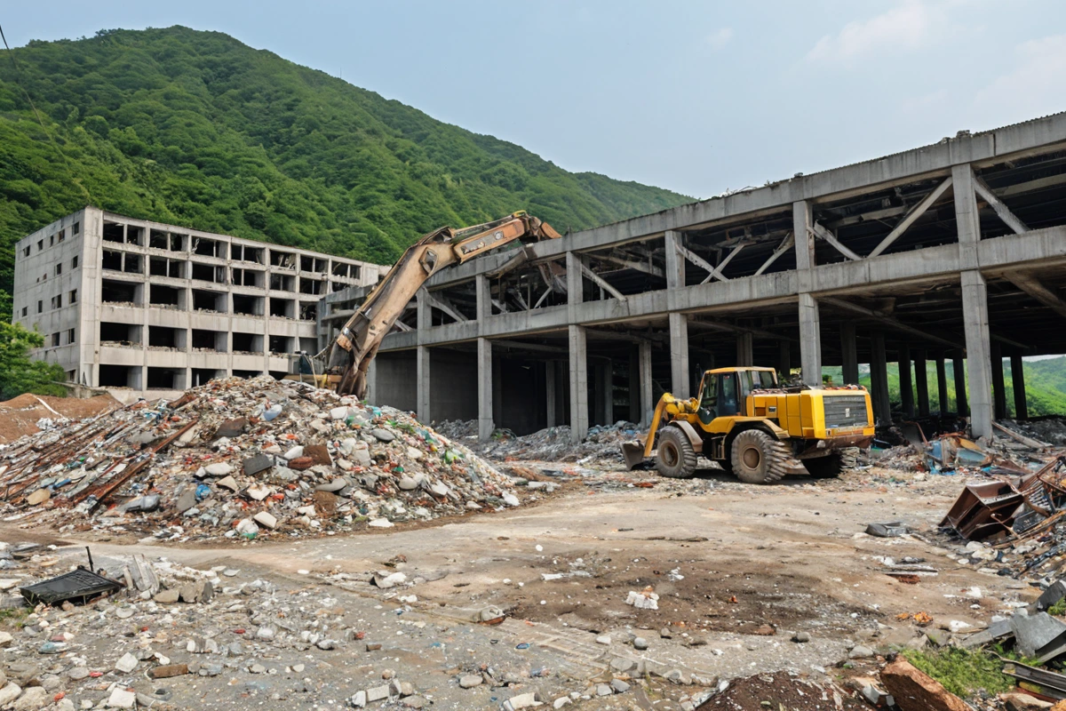 포항시 호미곶면 상가 철거 현장에서 철거 중인 구조물의 정면과 주변 폐기물 처리 장소의 자연스러운 풍경. 구조물의 크기와 폐기물 처리 과정이 구체적으로 보이는 실물 사진