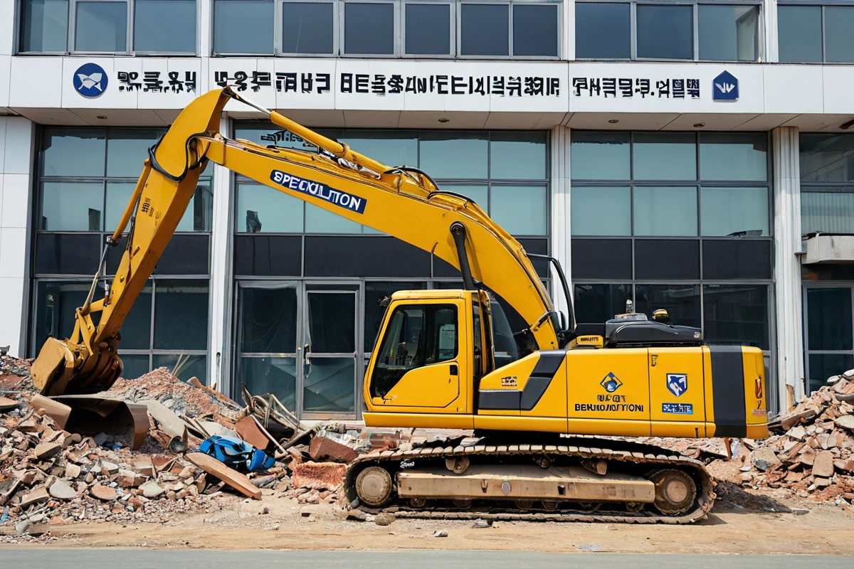 포항시 호미곶면의 철거 전문 업체 사무실 외부에서 철거 장비와 안전 표시판이 배치된 모습. 철거 장비가 정리되어 있고, 안전 기준을 준수한 철거 작업을 위한 표시물이 눈에 띄는 철