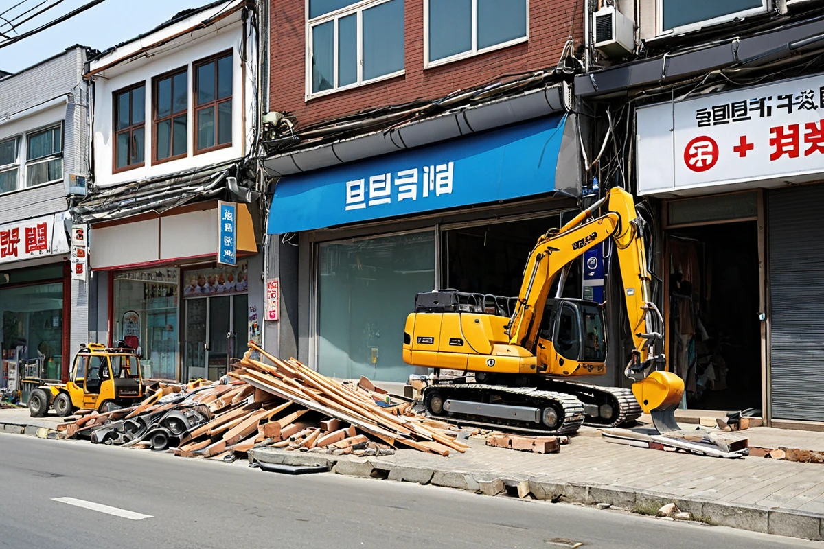 포항시 흥해읍 소상공인 상가 건물 앞에서 철거 중인 간판, 높은 곳에 설치된 간판이 안전하게 철거되고 있는 모습, 철거 장비가 정리된 상태로 주변 상가 건물과 조화를 이룬 장면