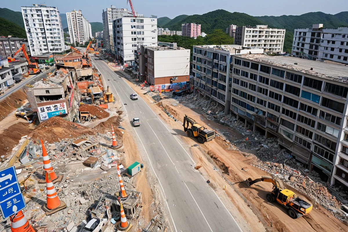 포항시 흥해읍 중심 상가와 주거지가 혼재된 도로 위에서 철거 작업 중인 장비, 도로 안전 표지와 주변 건물이 보이는 도시 풍경, 철거 작업이 진행 중인 도로 구조를 고려한 현장