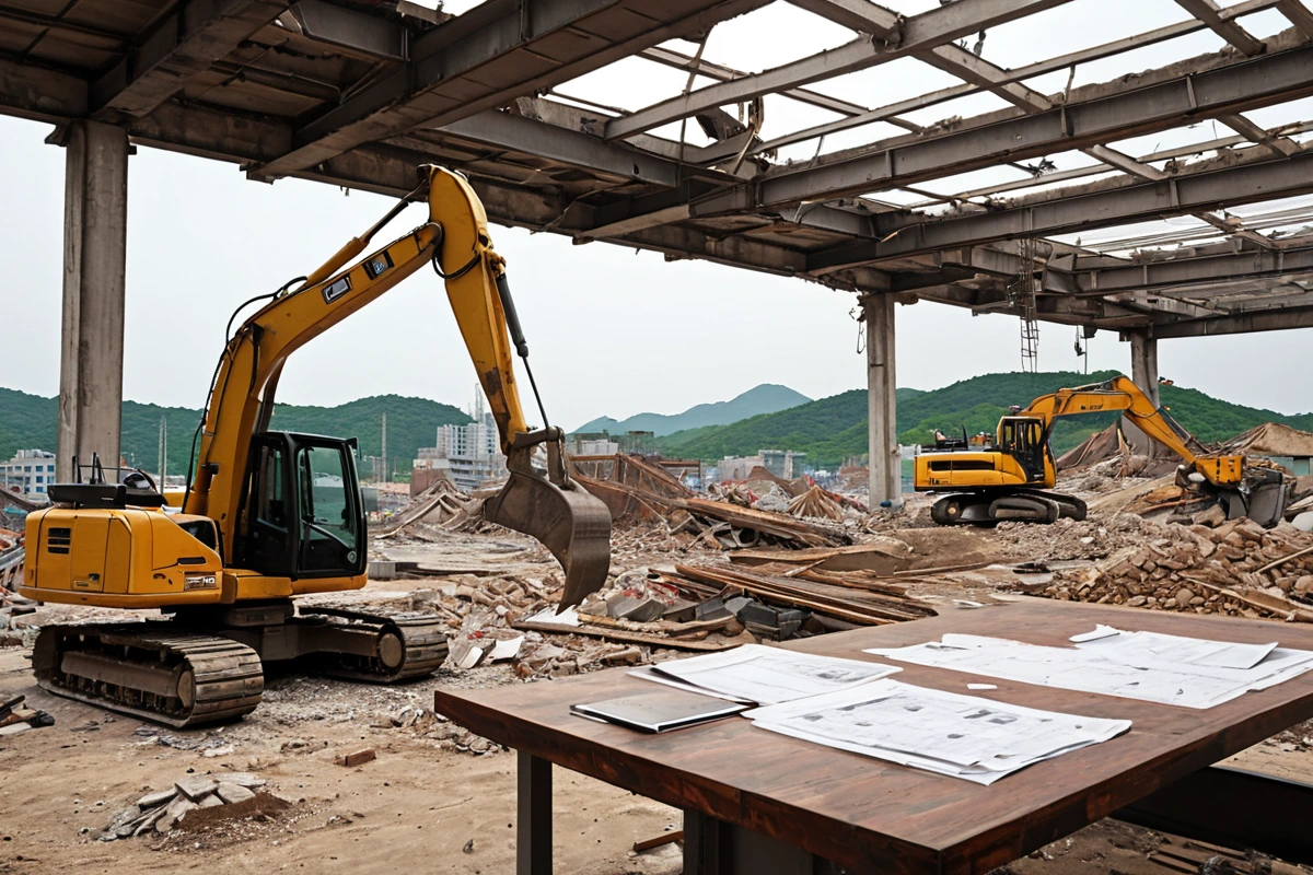 포항 지역의 이동 학원 철거 전문업체에서 진행하는 현장 점검 장면, 철저한 안전 점검을 위해 철거 장비가 정리된 작업 공간과 철거 계획서가 놓여진 테이블이 보이는 현실적인 장면