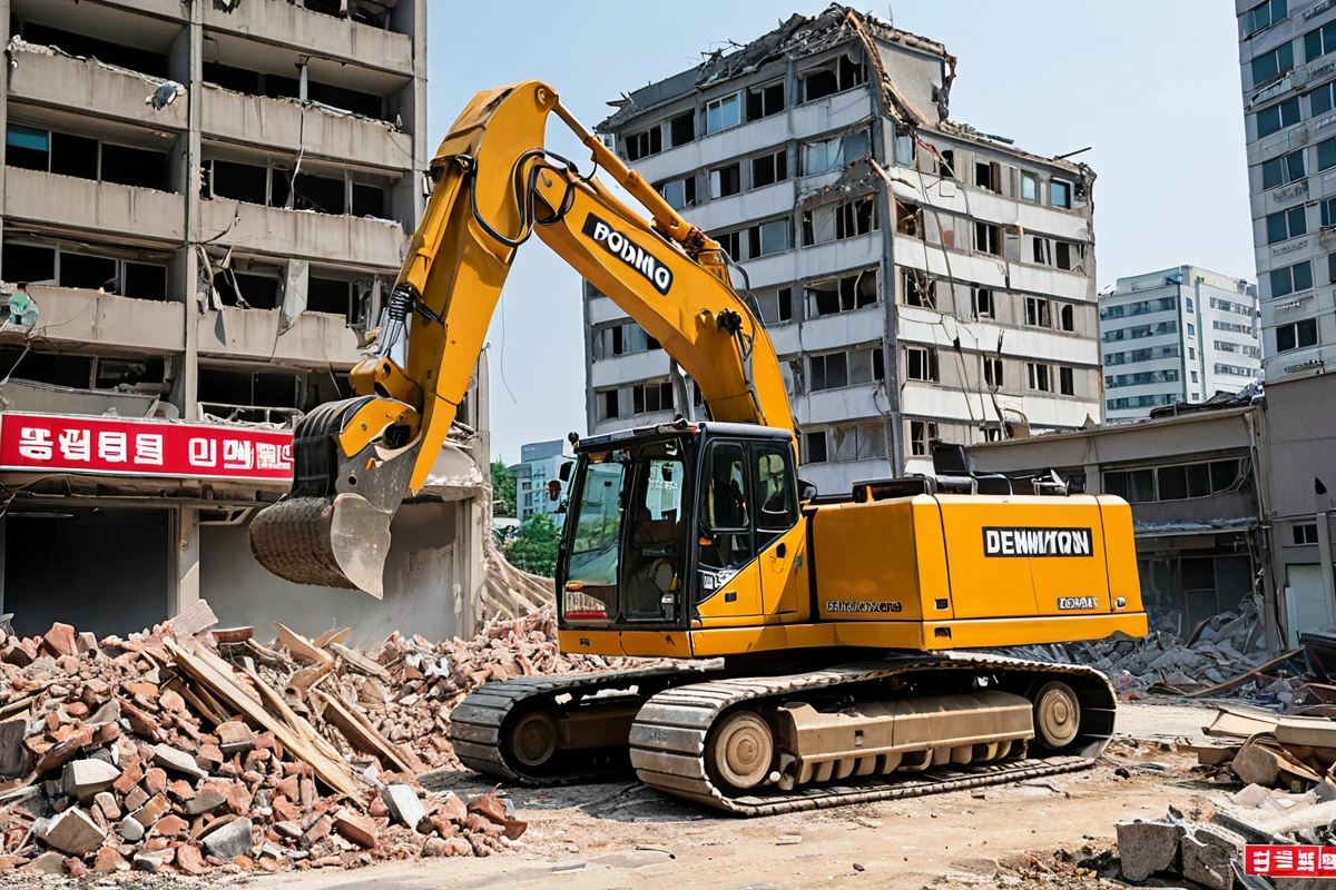 포항철거 업체의 전문적인 철거 장비가 동해면 지역의 간판 철거 작업 현장에서 사용되고 있는 모습. 철거 장비와 주변 건물의 구조가 조화롭게 배치된 장면으로, 지역 특성에 맞춘 안전