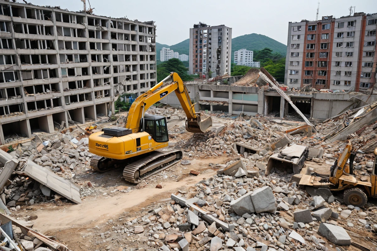포항 호동 지역의 일반 주택 철거 현장에서 건물의 크기와 구조를 확인하는 모습, 철거 중인 주택의 외관과 구조적 특징이 잘 드러난 촬영. 주변에는 철거 장비가 준비되어 있는 모습.