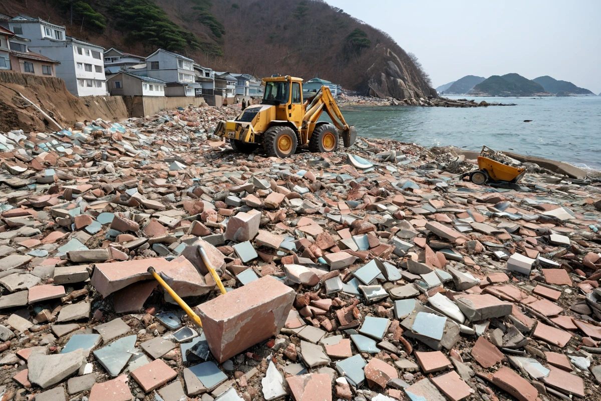 호미곶면 주민의 집 벽면에 부착된 해양 기후로 인해 손상된 타일이 철거 중인 장면, 철거 작업 중인 공구와 타일 조각이 놓인 바닥, 주변 건물과 해안가가 보이는 경상북도 포항시의