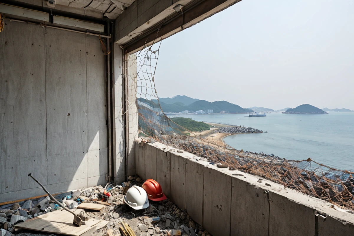 호미곶면 주민의 집 벽면에서 안전 장비를 착용한 채 철거 작업 중인 장면, 작업 중인 공구와 보호망이 설치된 벽면, 주변 건물과 해안가가 보이는 경상북도 포항시의 일상적인 풍경
