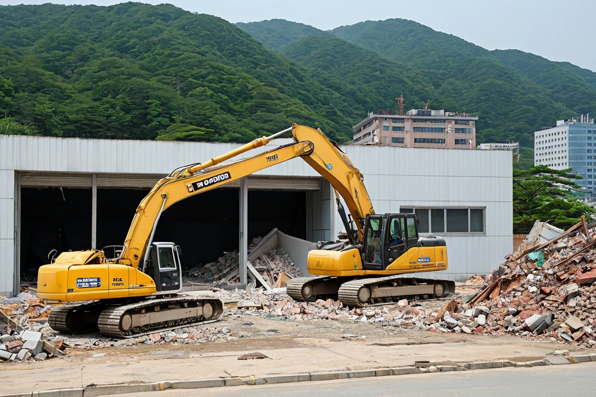 호미곶면 지역의 철거 전문 업체 사무실 외부, 간결한 간판이 없는 건물 앞에 철거 장비가 준비된 모습, 경상북도 포항시의 풍경이 배경으로 보이는 실외 장면