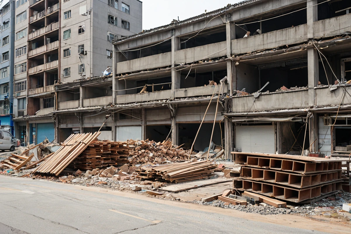 효곡동 소상공인 상가 철거 현장에서 전기·가스 시설 정리 중인 작업장, 재사용 가능한 자재가 정리된 쌓인 목재와 금속 부품들이 배경으로 보이는 실제 사례 현장.