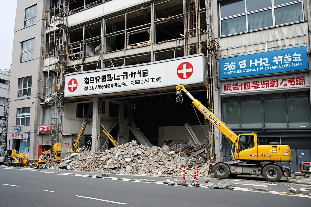 효자동 상가 건물 앞에서 대형 간판이 철거 중인 장면. 간판의 크기와 높이를 고려한 전문 장비가 사용되고 있으며, 철거된 간판 조각이 깨끗하게 정리된 바닥 위에 놓여 있다.