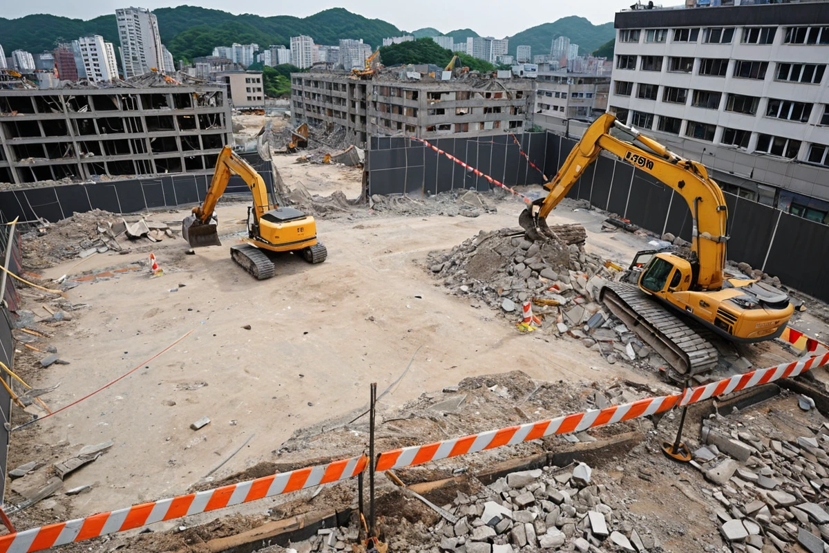 효자동 피시방 철거 작업 중 주변 환경과 인근 시설을 고려한 안전 조치가 이루어진 현장. 철거 장비가 안전하게 배치되고, 주변 건물과의 거리가 유지된 철거 공간이 보인다.